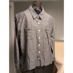 Christopher & Banks Womens Large Grey Linen Blend Dobby Stripe Button Down Shirt